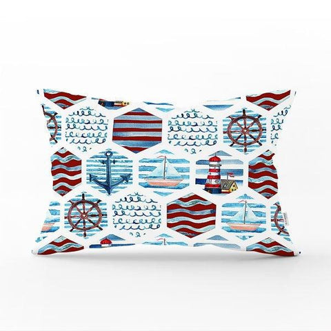 Nautical Pillow Case|Life Saver & Anchor and Wheel Pillow Cover|Decorative Yacht Cushion|Rectangle Beach House Pillow|Compass Cushion Cover