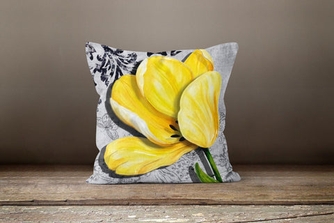 Yellow Gray Floral Pillow Cover|Summer Trend Cushion Case|Decorative Throw Pillow|Boho Bedding Decor|Housewarming Yellow Pillow with Flowers