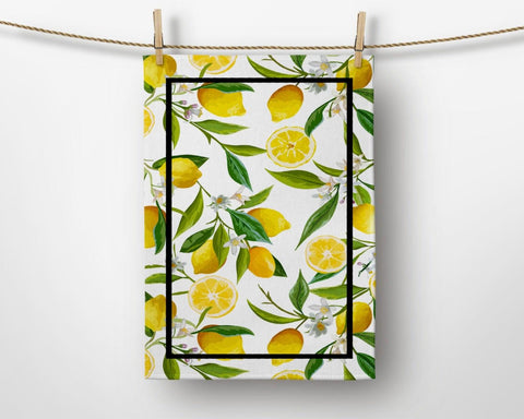 Lemon Kitchen Towel|Fresh Citrus Print Dish Towel|Decorative Tea Towel|Housewarming Summer Trend Hand Towel|Yellow Lemon and Mandarin Towel