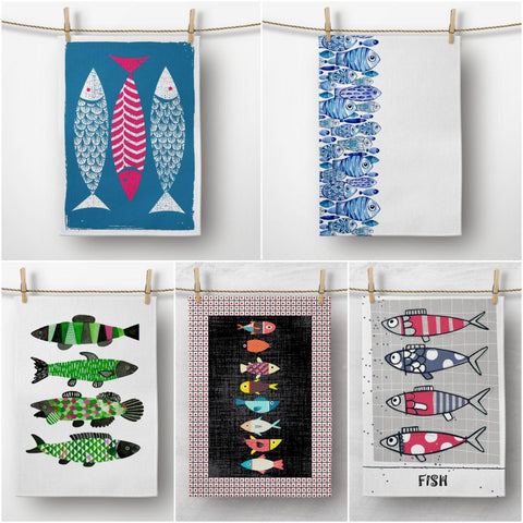 Fish Kitchen Towel|Seafood Print Dish Towel|Coastal Tea Towel|Housewarming Summer Trend Hand Towel|Colorful Fishes Towel for Restaurant