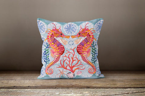 Nautical Pillow Case|Navy Blue Marine Pillow Cover|Decorative Seahorse Cushion|Coastal Throw Pillow|Red Starfish Seashell Beach House Decor