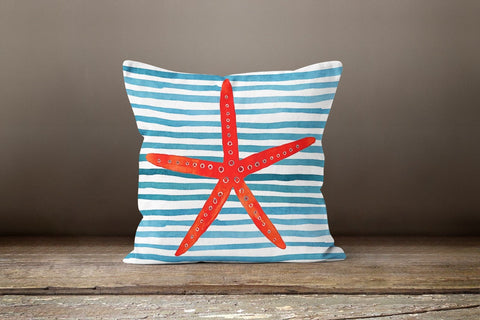 Nautical Pillow Case|Navy Blue Marine Pillow Cover|Decorative Seahorse Cushion|Coastal Throw Pillow|Red Starfish Seashell Beach House Decor