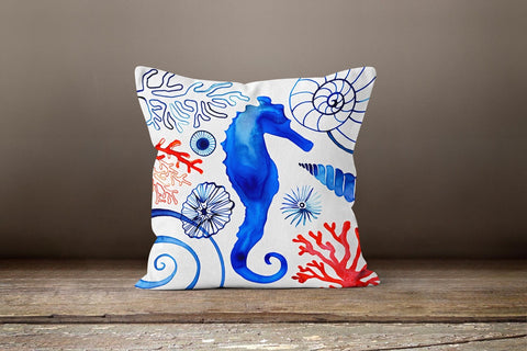 Nautical Pillow Case|Navy Blue Marine Pillow Cover|Decorative Blue and Red Cushion|Coastal Throw Pillow|Seahorse Oyster Crab Seashell Pillow