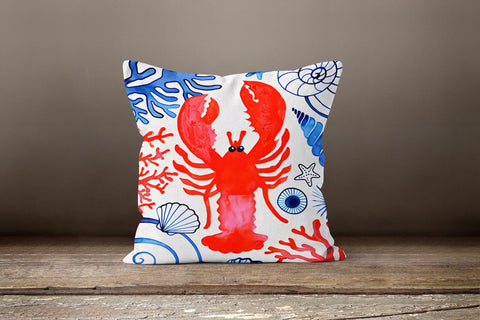 Nautical Pillow Case|Navy Blue Marine Pillow Cover|Decorative Blue and Red Cushion|Coastal Throw Pillow|Seahorse Oyster Crab Seashell Pillow