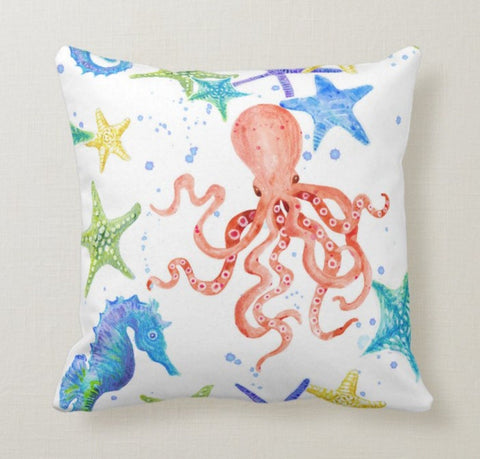 Beach House Pillow Case|Seashells Pillow Cover|Decorative Nautical Cushions|Coastal Throw Pillow|Octopus Home Decor|Starfish Pillow Cover