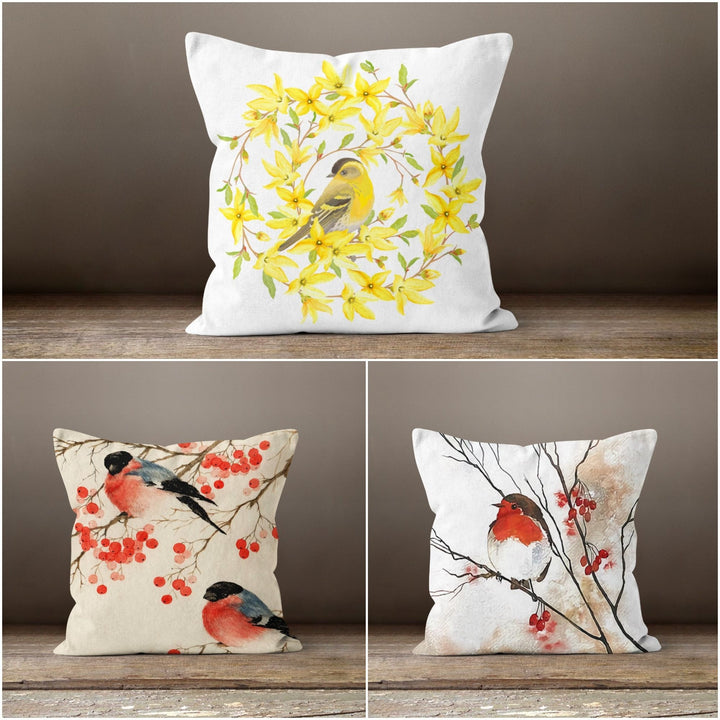 Floral Bird Pillow Case|Birds and Red Berries Pillow Cover|Yellow Floral Cushion Case|Housewarming Boho Pillow Top|Summer Porch Cushion Case