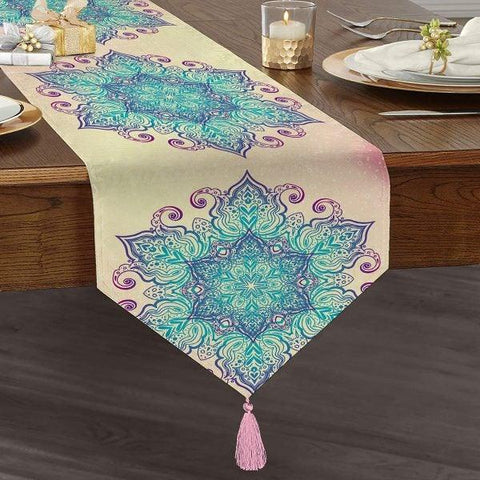 Tiled Mandala Table Runner|High Quality Triangle Chenille Table Runner|Farmhouse Style Authentic Tabletop|Decorative Rustic Table Runner