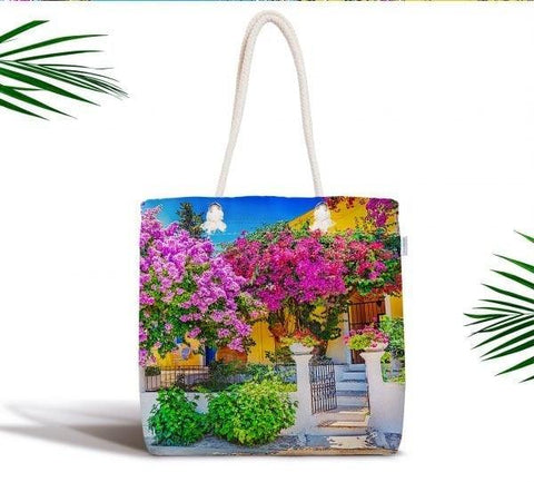 Floral Shoulder Bag|Fabric Handbag with Flowers|Floral Landscape Bag|Houses with Flowers Tote Bag|Summer Trend Messenger Bag|Gift for Her