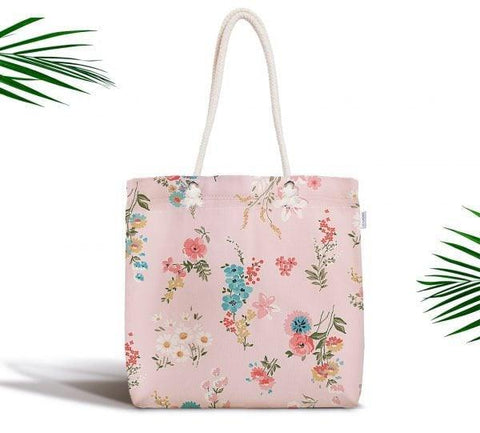Floral Shoulder Bag|Fabric Handbag with Pinky and White Flowers|Floral Beach Tote Bag|Summer Trend Messenger Bag|Modern Gift Bag for Her