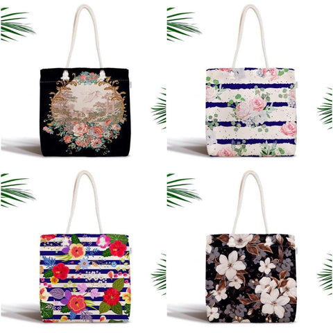 Floral Shoulder Bag|Fabric Handbag with Flowers|Flowers on Black Background Bag|Striped Tote Bag|Summer Trend Messenger Bag|Gift for Her