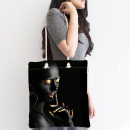 African Beauty Fabric Bag|Fabric Shoulder Bag|Bohemian Black Girl Beach Tote Bag|Digital Print Shopping Tote Bag for Women|Ethnic Picnic Bag