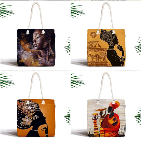 African Girl Fabric Bag|Fabric Shoulder Bag|Bohemian African Girl Beach Tote Bag|Digital Print Shopping Tote Bag for Women|Picnic Bag