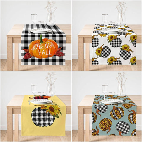 Fall Trend Table Runner|Hello Fall Pumpkin Table Runner|Checkered Autumn Home Decor|Farmhouse Sunflower Table Runner|Pumpkin Tablecloth