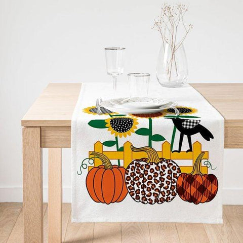 Fall Trend Table Runner|Striped Pumpkin Table Runner|Floral Pumpkin Home Decor|Farmhouse Tabletop|Pumpkin Sunflower Fruit Crow Tablecloth