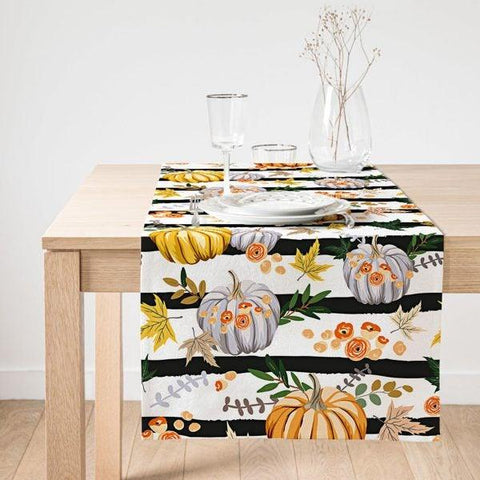 Fall Trend Table Runner|Striped Pumpkin Table Runner|Floral Pumpkin Home Decor|Farmhouse Tabletop|Pumpkin Sunflower Fruit Crow Tablecloth