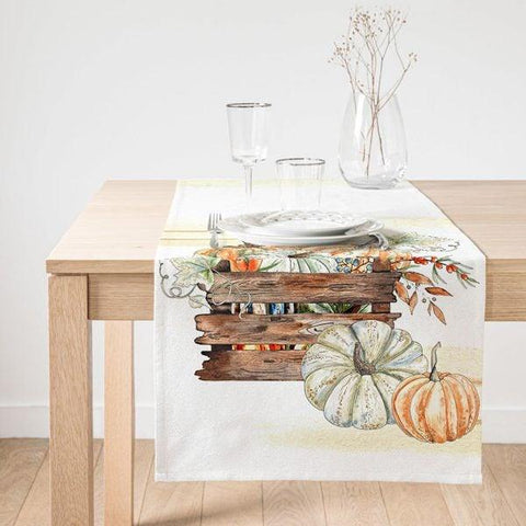 Fall Trend Table Runner|Pumpkin Wheelbarrow Table Runner|Orange and Green Pumpkin Decor|Farmhouse Table Top|Gray Pumpkin Autumn Tablecloth