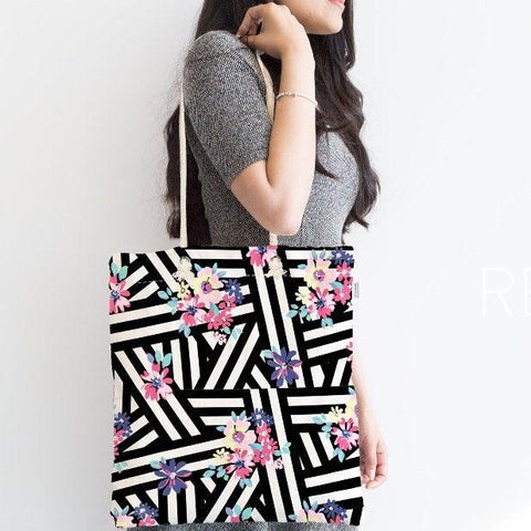 Floral Shoulder Bag|Fabric Handbag with Flower|Flower Purse with Geometric Background|Beach Tote Bag|Summer Trend Messenger Bag|Gift for Her