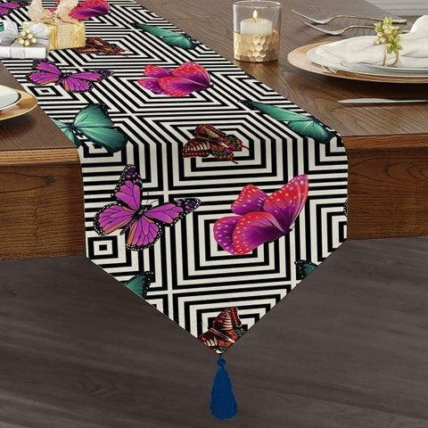Butterfly Table Runner|High Quality Triangle Chenille Table Runner|Summer Trend Floral Butterfly Tabletop|Patterned Butterfly Print Tabletop