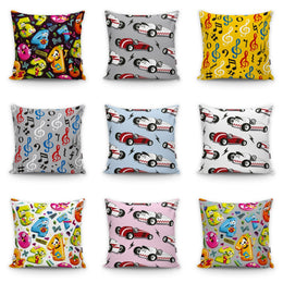 Kid Pillow Cover|Car, Number and Musical Note Cushion Case|Cartoon Inspired Pillow|Housewarming Cushion Cover|Children's Throw Pillow Case