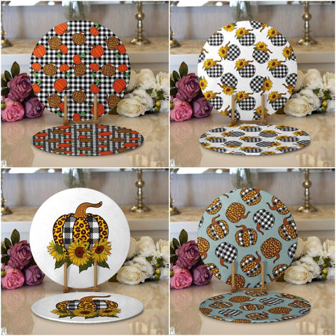 Fall Trend Placemat|Set of 2 Pumpkin Supla Table Mat|Checkered Pumpkin Round American Service Dining Underplate|Farmhouse Style Coasters