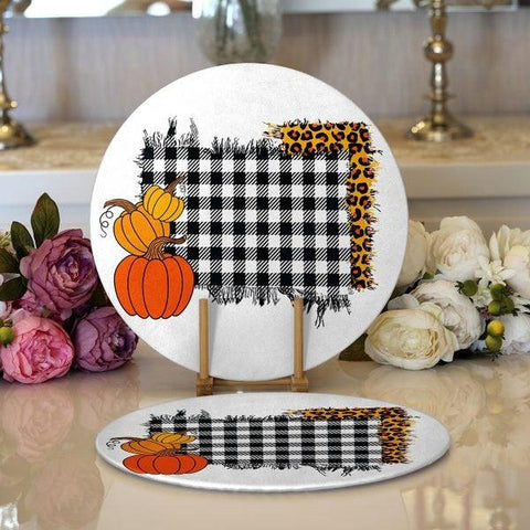 Fall Trend Placemat|Set of 2 Pumpkin Supla Table Mat|Checkered Pumpkin Round American Service Dining Underplate|Farmhouse Sunflower Coasters