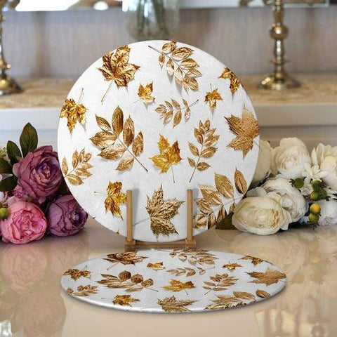 Fall Trend Placemat|Set of 2 Leaves Supla Table Mat|Dry Gold Leaves Round American Service Dining Underplate|Farmhouse Style Autumn Coasters