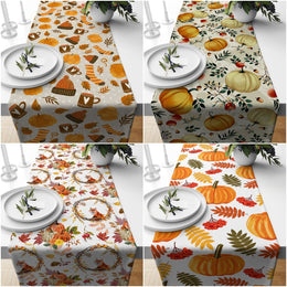 Fall Trend Table Runner|Pumpkin Table Runner|Floral Pumpkin Home Decor|Farmhouse Style Tabletop|Housewarming Pumpkin and Leaves Table Runner