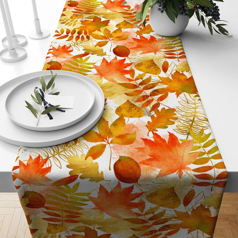 Fall Trend Table Runner|Dry Orange Color Leaves Table Runner|Autumn Home Decor|Farmhouse Style Table Top|Housewarming Fall Themed Tablecloth