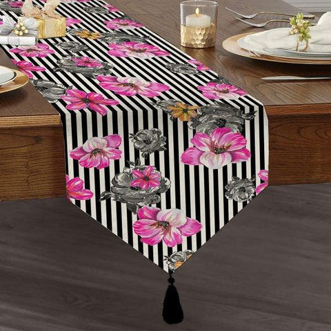 Floral Table Runner|High Quality Triangle Chenille Table Runner|Summer Trend Tabletop|Farmhouse Tabletop|Flowers on Stripes Tasseled Runner