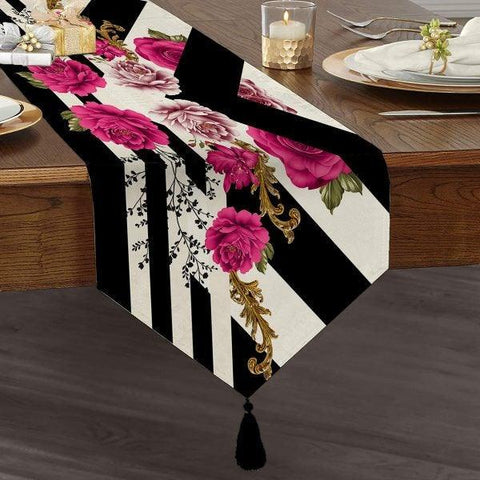 Floral Table Runner|High Quality Triangle Chenille Table Runner|Summer Trend Tabletop|Farmhouse Tabletop|Flowers on Pattern Tasseled Runner