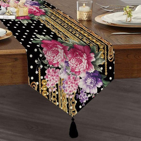 Floral Table Runner|High Quality Triangle Chenille Table Runner|Summer Trend Tabletop|Farmhouse Tabletop|Flowers on Pattern Tasseled Runner