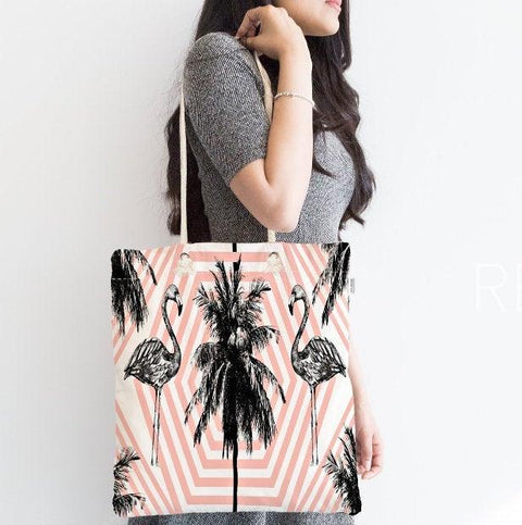 Flamingo Shoulder Bag|Gray Flamingo Fabric Handbag|Palm Tree Pineapple Flamingo Handbag|Beach Tote Bag|Boho Style Women&