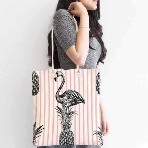 Flamingo Shoulder Bag|Gray Flamingo Fabric Handbag|Palm Tree Pineapple Flamingo Handbag|Beach Tote Bag|Boho Style Women&