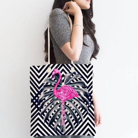 Flamingo Shoulder Bag|Floral Pink Flamingo Fabric Handbag|Black White Patterned Flamingo Handbag|Beach Tote Bag|Purse for Women|Shopping Bag