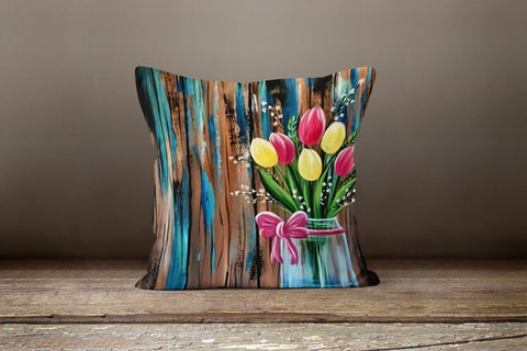 Tulip Pillow Cover|Summer Trend Throw Pillow Case|Decorative Lavender Pillow Top|Flowers and Pots Cushion Cover|Housewarming Floral Cushion