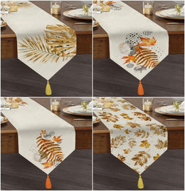 Fall Trend Table Runner|High Quality Triangle Chenille Table Runner|Gold Leaves Tabletop|Farmhouse Tabletop|Leaves Drawings Tasseled Runner