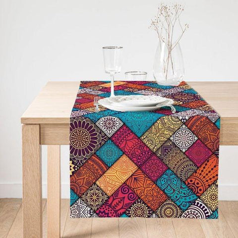 Tile Pattern Table Runner|Decorative Table Runner|Ethnic Pattern Suede Runner|High Quality Checkered Table Decor|Authentic Table Runner