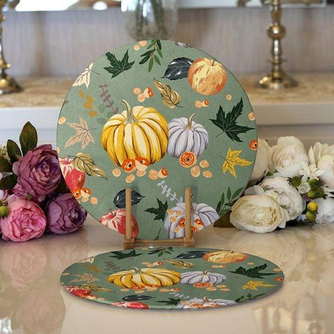 Fall Trend Placemat|Set of 2 Pumpkin Supla Table Mat|Dry Leaves Round American Service Dining Underplate|Farmhouse Style Autumn Coasters