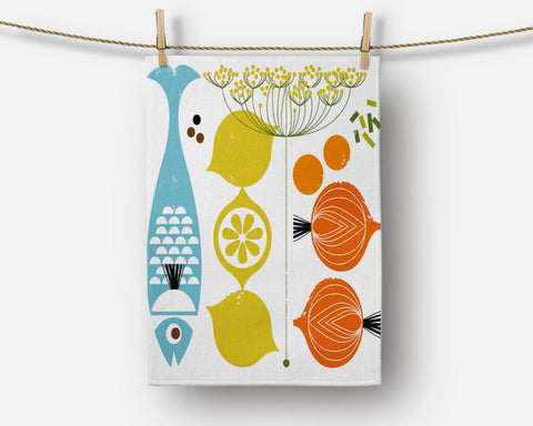 Nautical Kitchen Towel|Red, Blue and Black Fish Dish Towel|Lemon Tea Towel|Summer Trend Hand Towel|Coral and Starfish Towel for Restaurant
