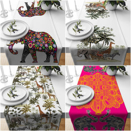 Animal Print Table Runner|Floral Animal Table Top|Colorful Elephant, Zebra, Giraffe, Flamingo and Cheetah Tablecloth|Palm Tree Table Runner