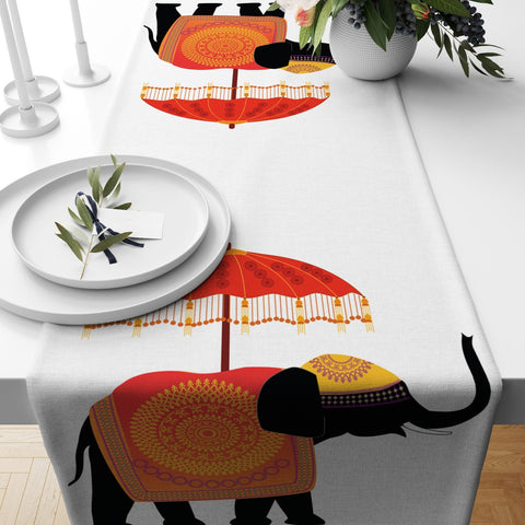 Elephant Table Runner|Floral Elephant Riding Table Top|Elephant with Umbrella Tablecloth|Black Elephant with Ethnic Pattern Table Runner