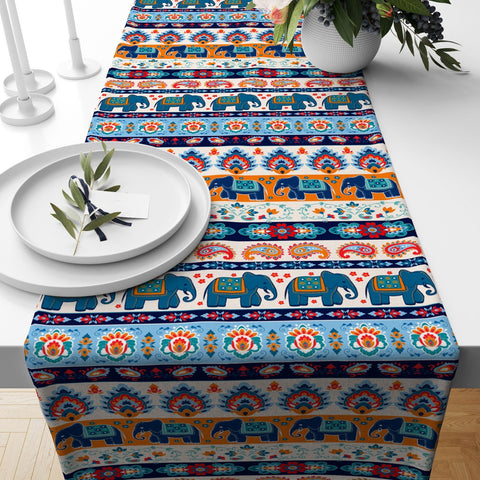 Elephant Table Runner|Floral Elephant Riding Table Top|Elephant with Umbrella Tablecloth|Black Elephant with Ethnic Pattern Table Runner