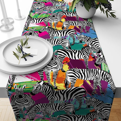 Zebra Table Runner|Floral Zebra Table Top|Animal Print Tablecloth|Zebra with Green Leaves and Red Rose Table Runner|Zebra Print Tablecloth