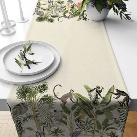 Animal Print Table Runner|Green Leaves and Animals|Lion, Sloth and Monkey Tablecloth|Lion on Tree Table Runner|Tropical Animals Table Decor