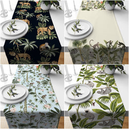 Animal Print Table Runner|Green Leaves and Animals|Lion, Sloth and Monkey Tablecloth|Lion on Tree Table Runner|Tropical Animals Table Decor
