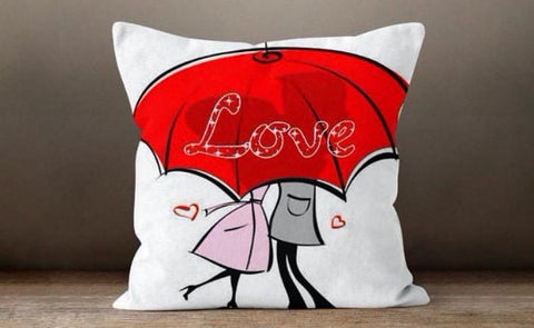 Love Throw Pillow Cover|February 14 Gift for Girlfriend|Romantic Home Decor|Floral Love Cushion|Red Umbrella Pillow Sham|Couple Under Rain