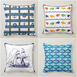 Nautical Pillow Cover|Navy Marine Pillow Case|Navy Anchor and Wheel Pillow|Sailboat Throw Pillow|Colorful Fish Decor|Beach House Cushion