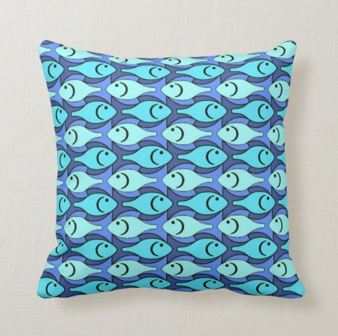 Nautical Pillow Cover|Navy Marine Pillow Case|Navy Anchor and Wheel Pillow|Sailboat Throw Pillow|Colorful Fish Decor|Beach House Cushion