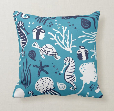 Nautical Pillow Case|Sea Turtle Seahorse Pillow Cover|Decorative Turquoise Cushion Case|Coastal Throw Pillow|Blue Fish Coastal Pillow Top