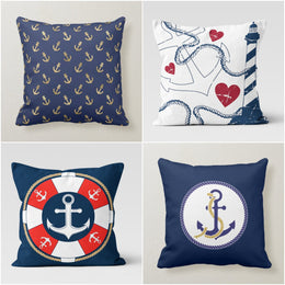 Nautical Pillow Cover|Anchor Throw Pillow Case|Navy Marine Pillow|Decorative Anchor and Life Saver Cushion Case|Coastal Beach House Pillow
